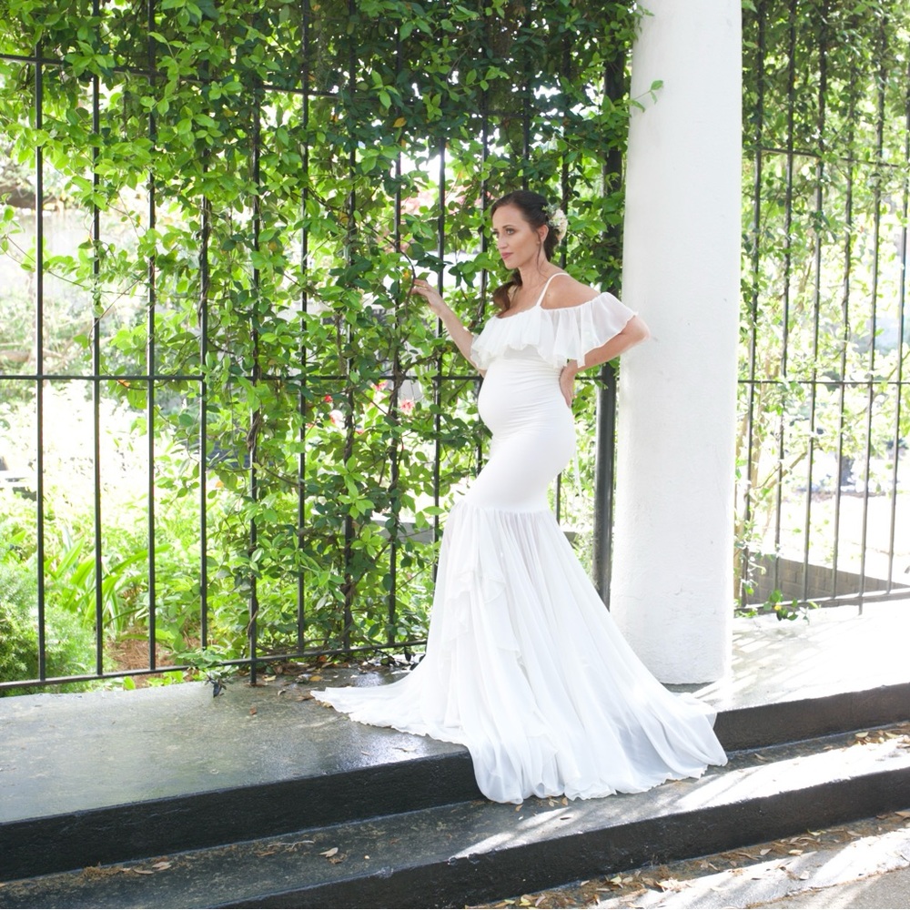 Sew Trendy Elegant White Off-Shoulder Maternity Dress with Corset Back